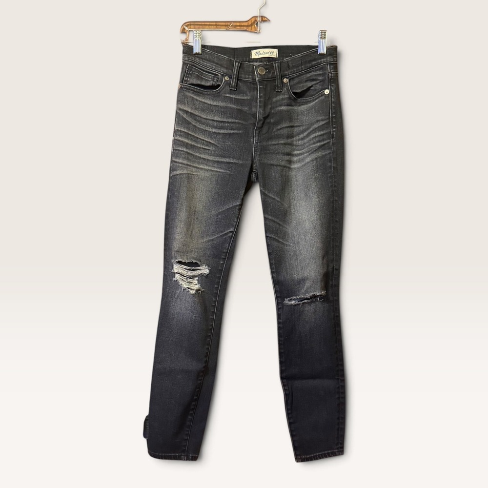 Madewell High Riser Skinny Jeans 26 Faded Black Distressed Ripped Knee Denim